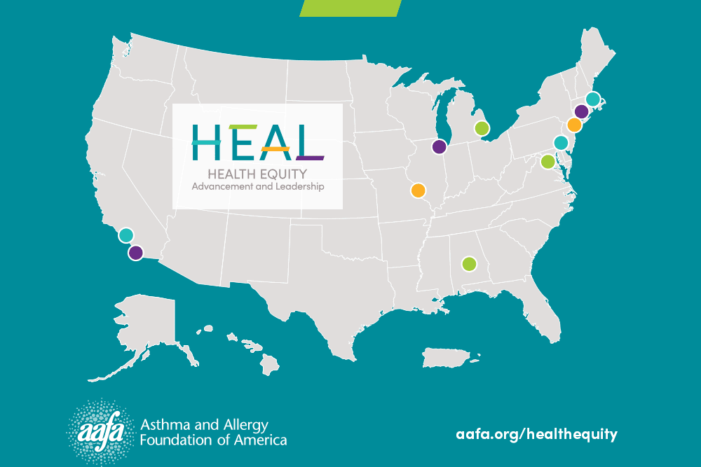 Image of a map of the US with colored dots in Chicago, Connecticut, Detroit, Los Angeles, New York, Philadelphia, San Diego, St. Louis, and Washington, DC - Health Equity Advancement and Leadership