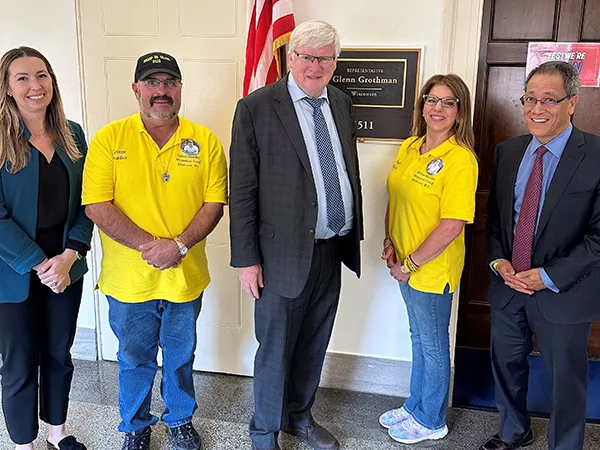 Jenna Riemenschneider, George Mueller, Rep. Grothman, Angel Mueller, and Kenneth Mendez meet to discuss expanded access to epinephrine through Dillon's Law