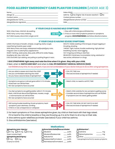 Food allergy emergency care plan for children (under age 3)