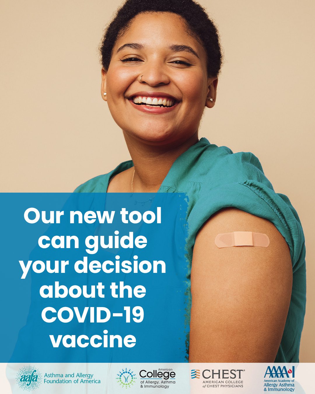 Woman with a bandage on her arm after receiving vaccination and the text Should I get a COVID-19 vaccine this year: our new decision aid can help you decide. 