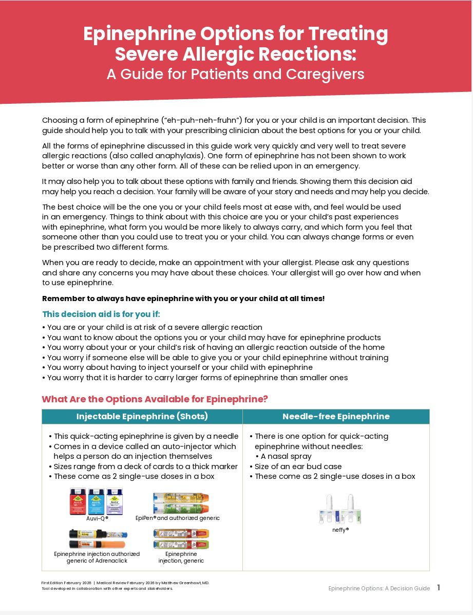 Cover of PDF guide to help decide which epinephrine option is best for you