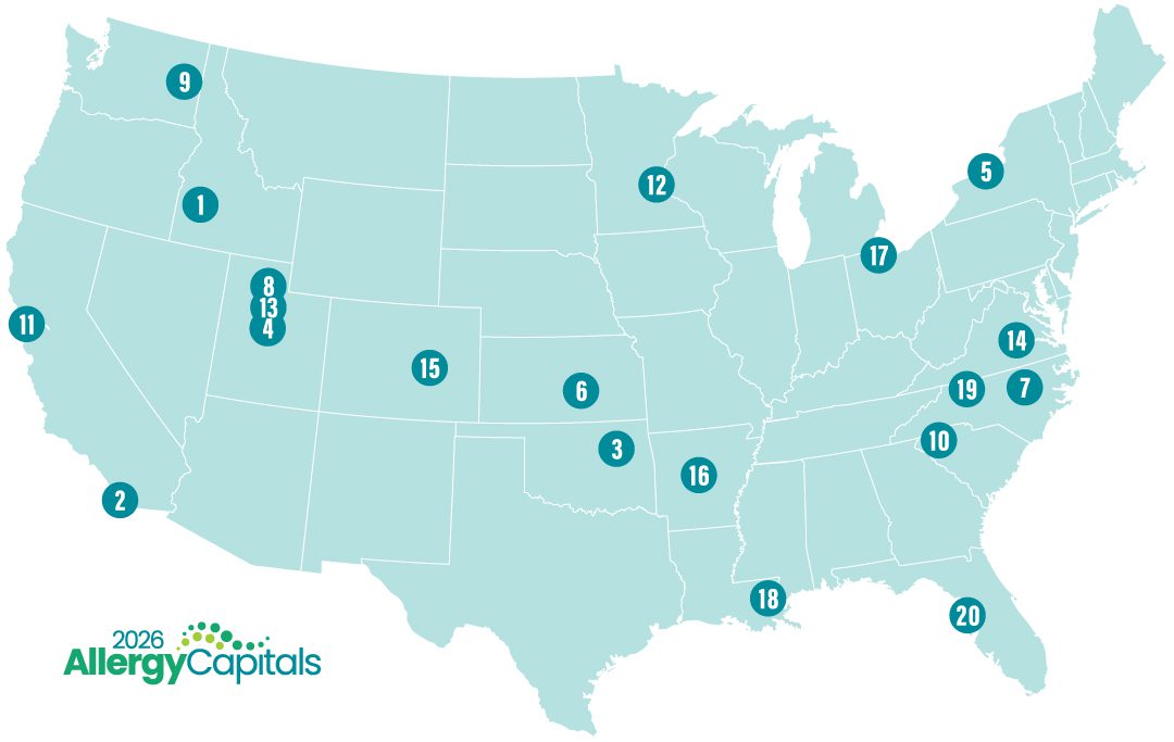 Map of the top 20 (out of 100) Allergy Capitals for 2026
