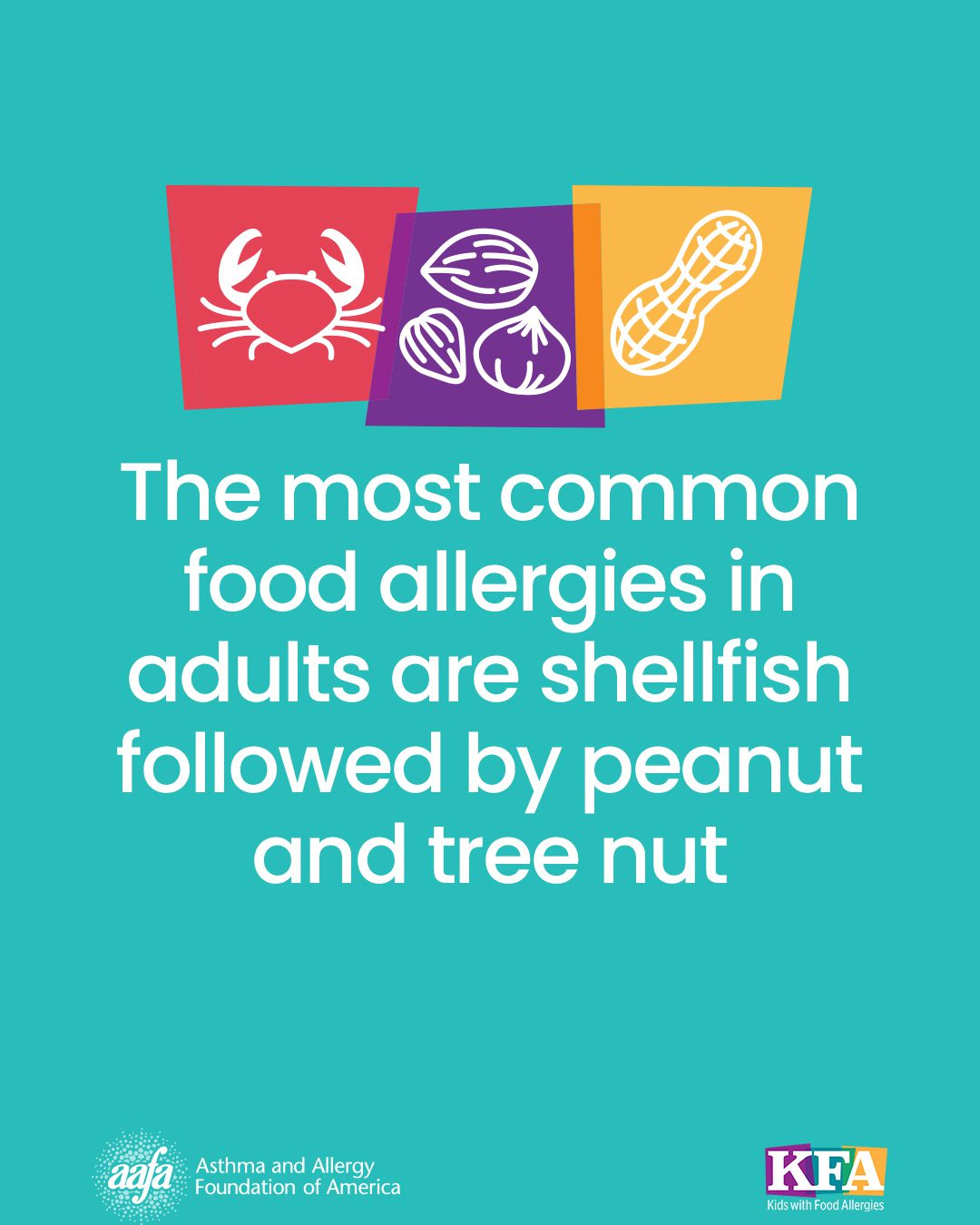 Light teal graphic with icons of a crab, a trio of tree nuts, and a peanut, along with text reading The most common food allergies in adults are shellfish followed by peanut and tree nut.