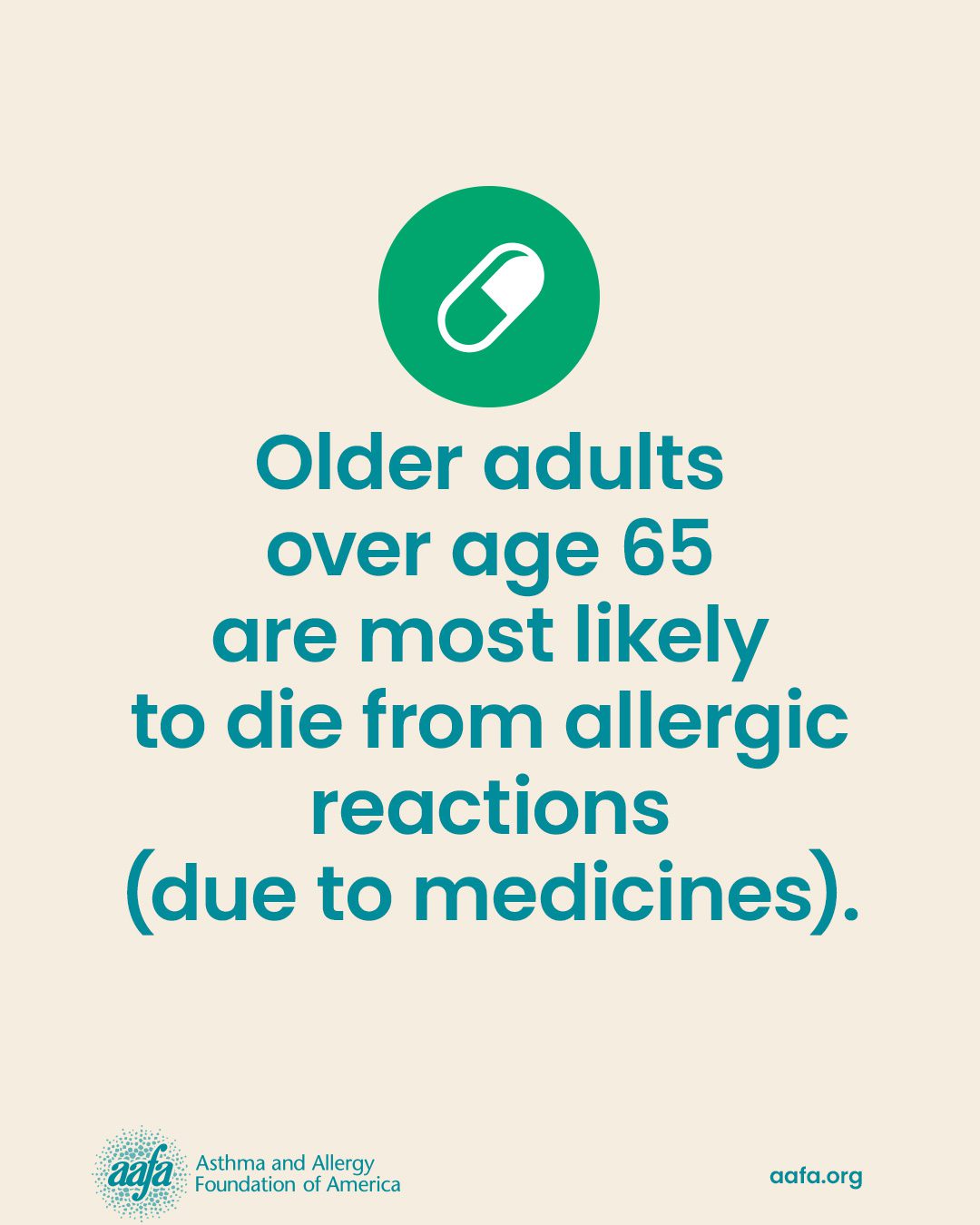 Beige graphic with pill icon and text reading Older adults over age 65 are most likely to die from allergic reactions (due to medicines).